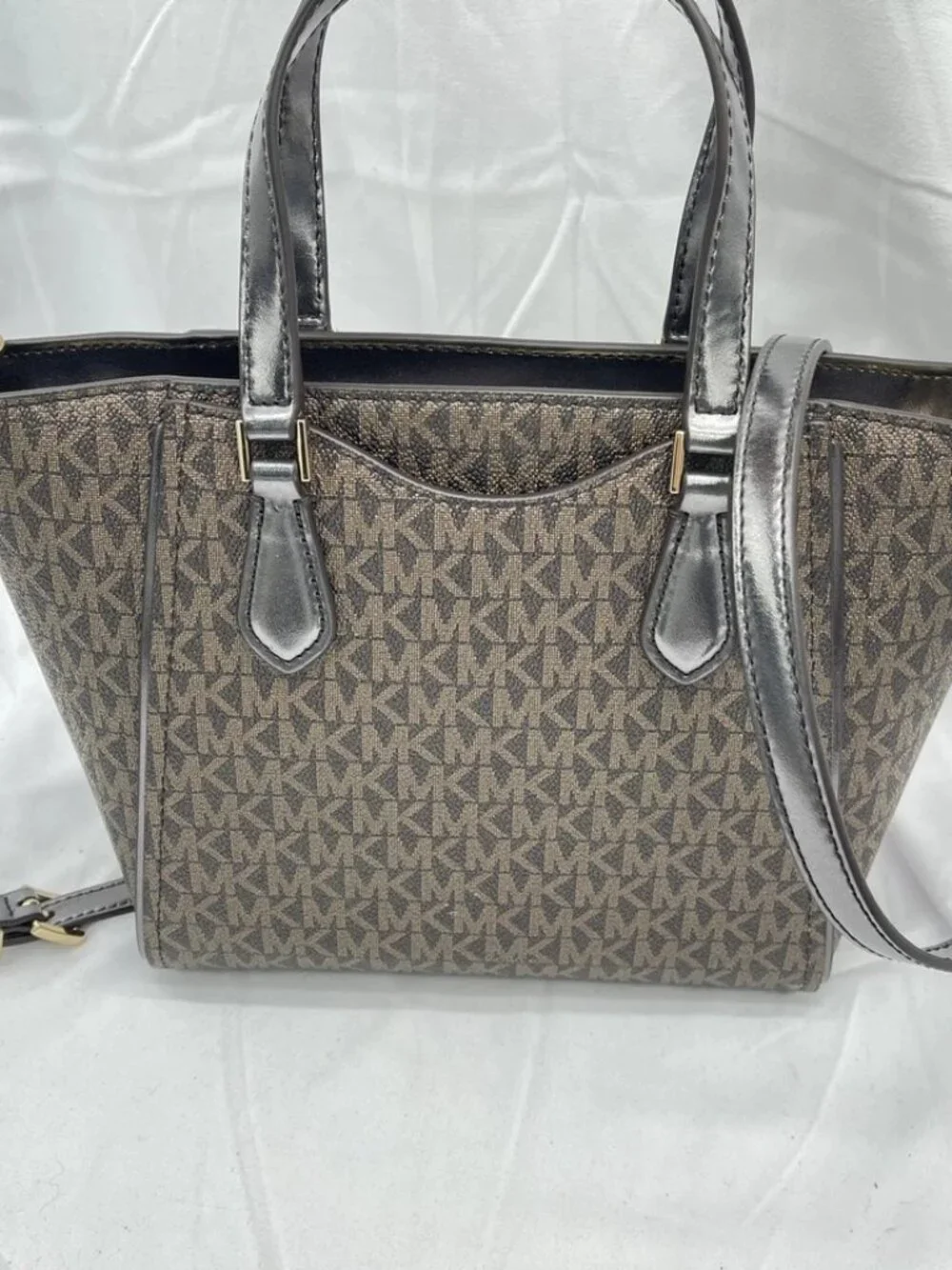Michael Kors Womens Taryn Small Tote Crossbody Bag Canvas Chocolate - Picture 1 of 12